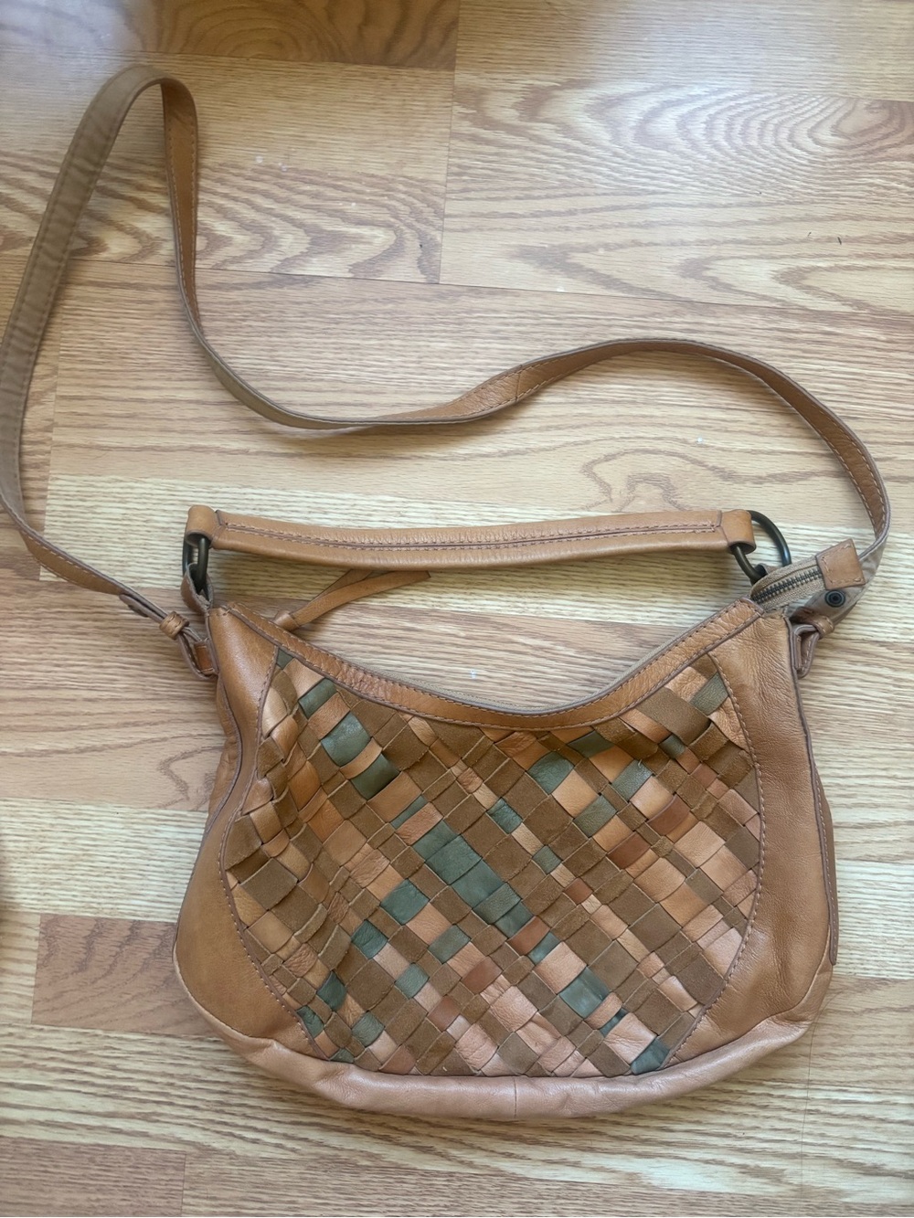 Lucky Brand Woven Leather Hobo in Tan with Olive Accents